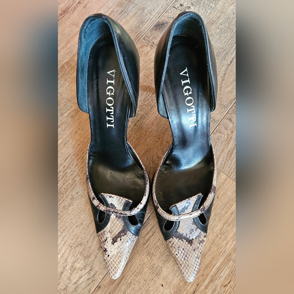 Vintage Vigotti d'Orsay Stiletto Pumps Size 8 Black Snakeskin